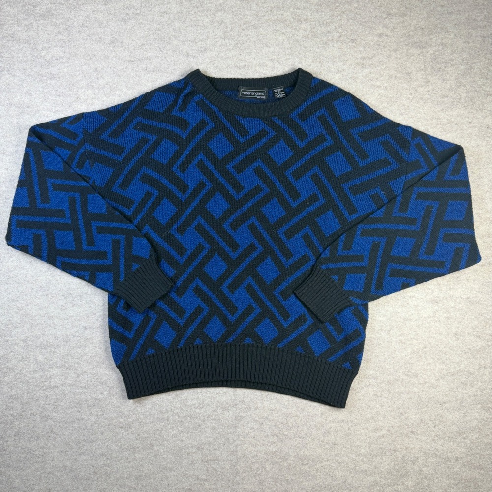 Peter England Vintage Blue Black Geometric Abstract Knit Crewneck Sweater Large
